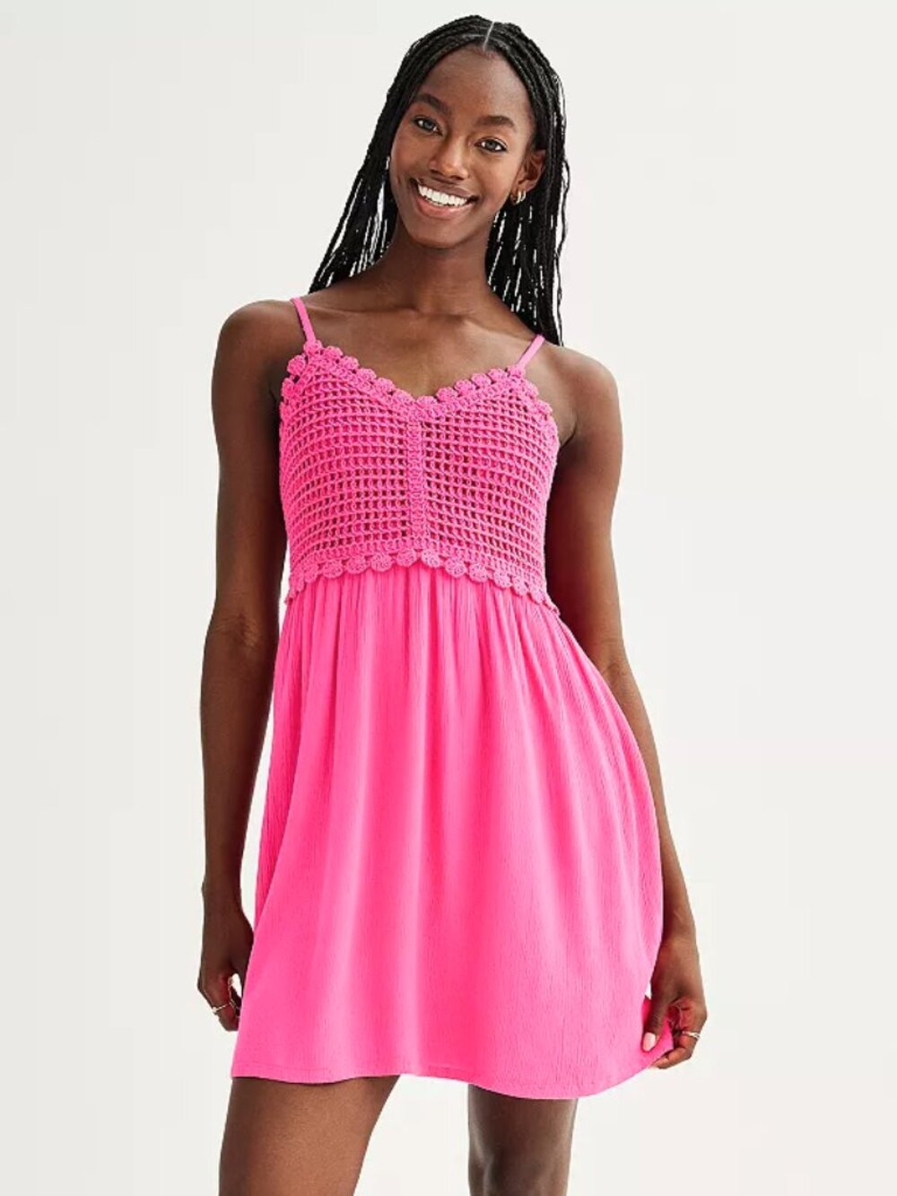 SO Crochet Mixed Media Cami Dress Women Size S Pink Boho Sleeveless Lined Summer